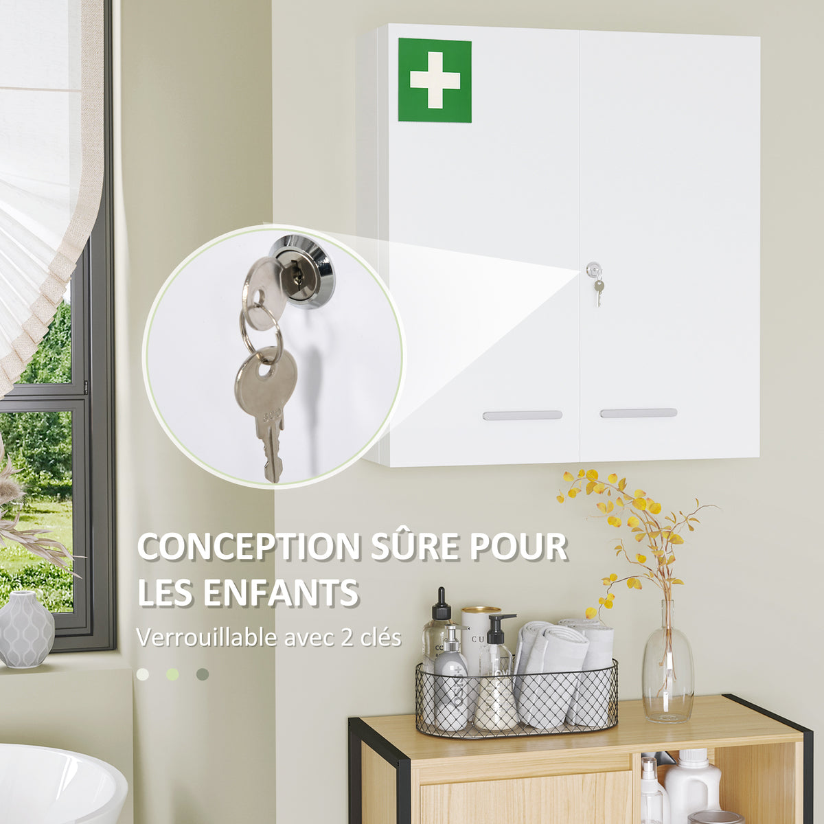 Armoire à pharmacie 6 étagères avec serrure et 2 clés de sécurité, 55x18x60 cm, blanc-3
