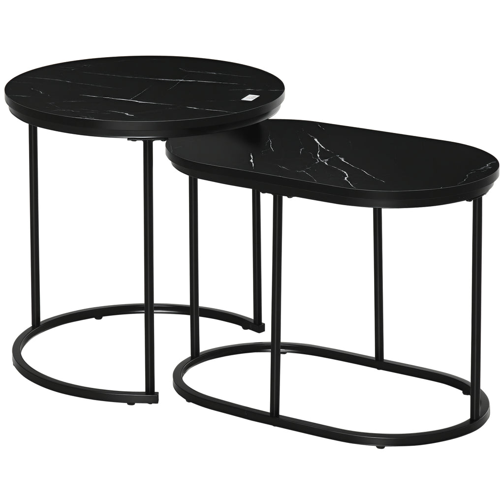 Lot de 2 tables basses tables d'appoint gigognes en acier et plateau MDF aspect marbre - table ronde et ovale - noir-0