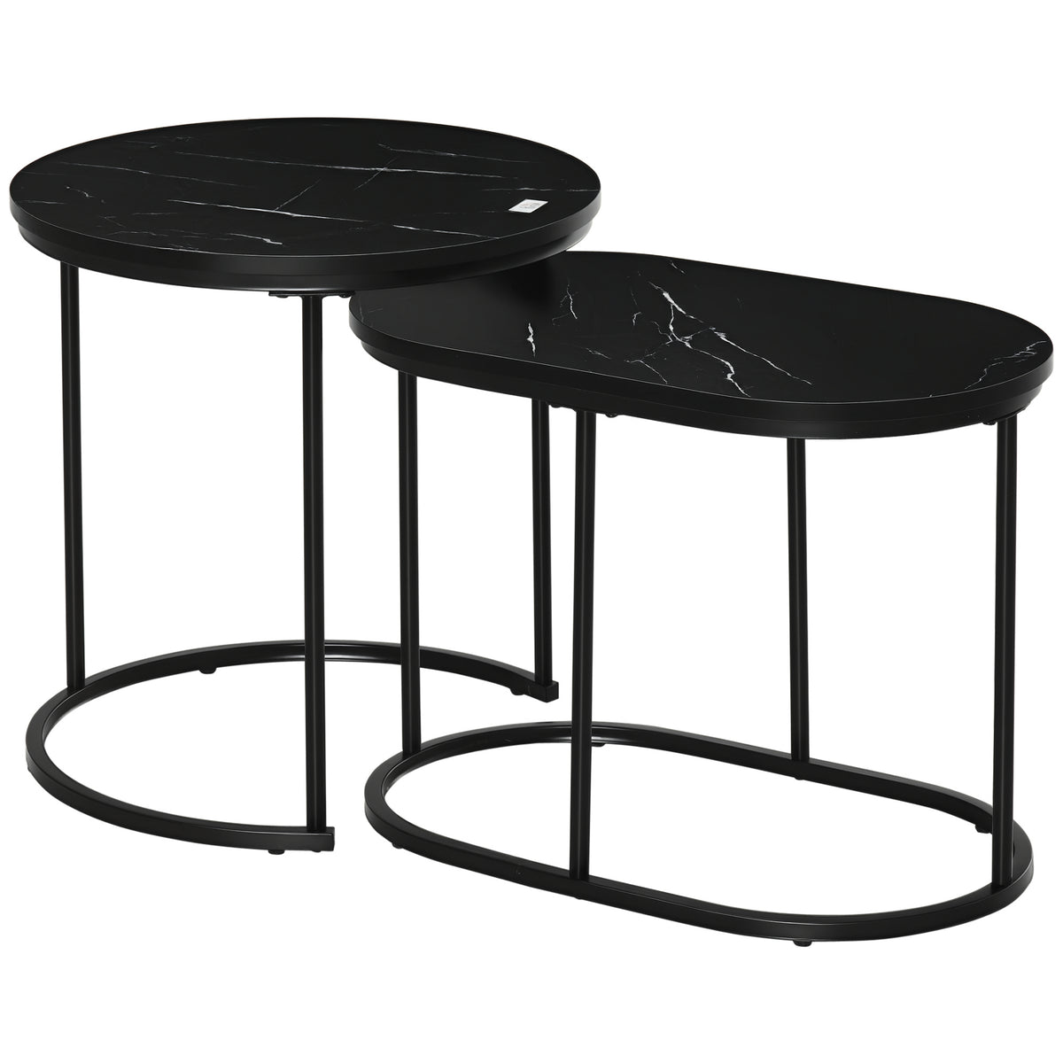 Lot de 2 tables basses tables d'appoint gigognes en acier et plateau MDF aspect marbre - table ronde et ovale - noir-0