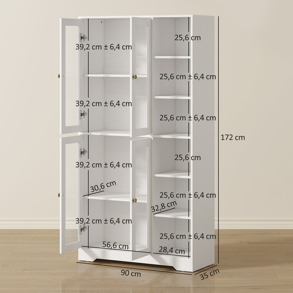 Buffet haut cuisine, vaisselier vitrine avec 4 portes à fermeture douce en verre trempé, 90x35x172cm, blanc-2
