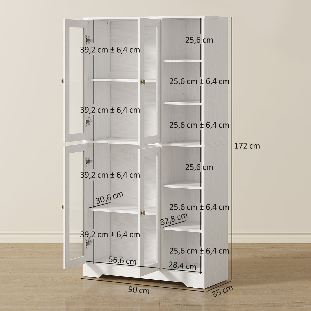 Buffet haut cuisine, vaisselier vitrine avec 4 portes à fermeture douce en verre trempé, 90x35x172cm, blanc-2