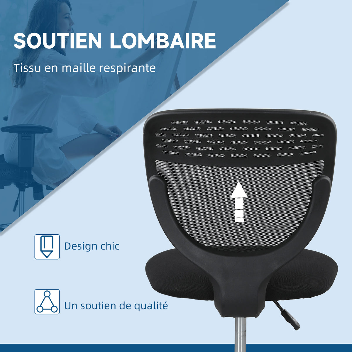 Chaise de bureau ergonomique en maille, chaise de dessin, hauteur et repose-pieds réglable, 59 x 59 x 106-126 cm, noir-5
