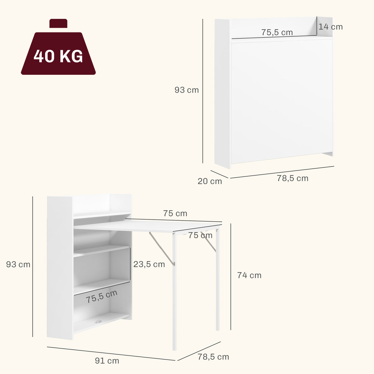 Table à manger pliante, table de cuisine pour 3 personnes, plateau à abattant et 4 étagères, 78,5x91x93cm, blanc-2