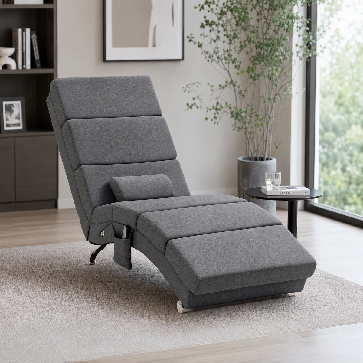 Fauteuil relax salon fauteuil de massage et chauffage meridienne avec télécommande et oreiller, tissu effet lin, gris-1