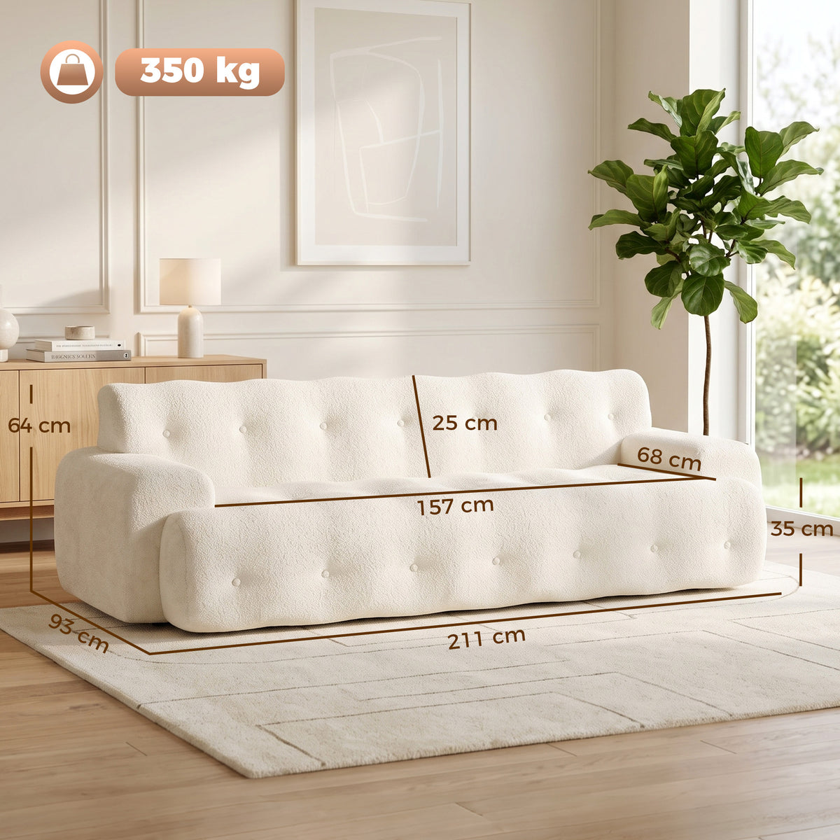 Canapé 3 Places en Chenille 211 cm, Canapé Salon, Assise Profonde, Entièrement Compressé Sans Montage, Crème-2