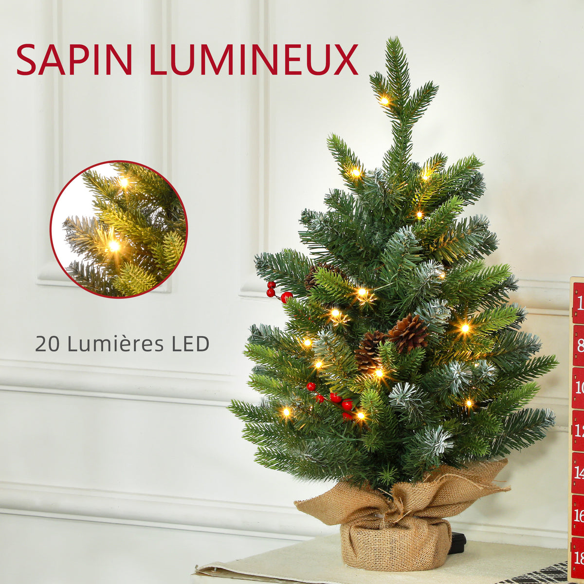 Albero di Natale da tavolo 60 cm con 20 LED, pigne e bacche rosse