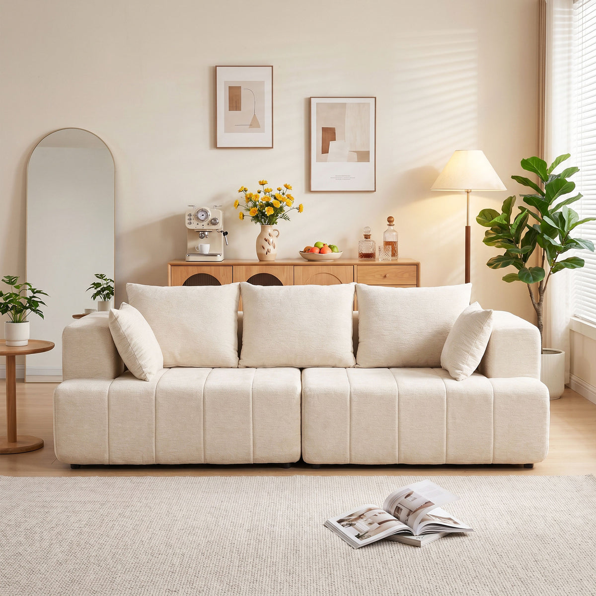 Canapé 3 places en chenille 248 cm, canapé salon moderne, large assise rembourrée, coussins à ressorts, beige-9