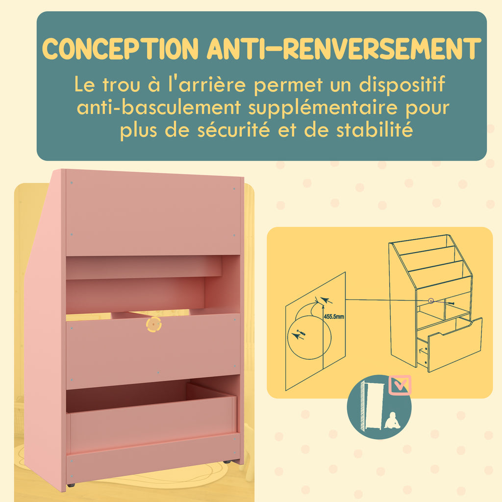 Bibliothèque étagère Multi-Rangement 3 étagères 2 niches Grand tiroir en bois Rose-4