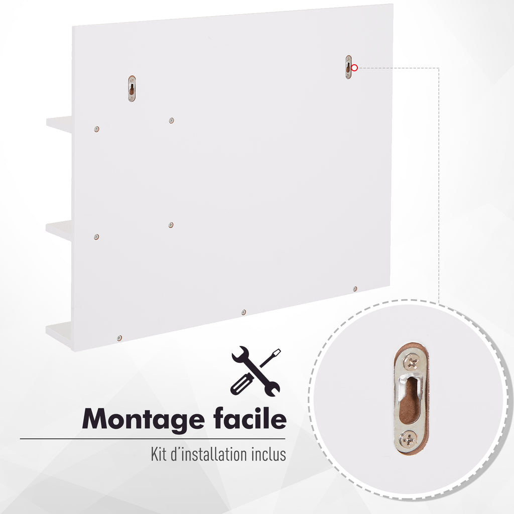 Miroir de Salle de Bain avec étagères - 2 étagères latérales + Grande étagère inférieure - kit Installation fourni - MDF Blanc-6