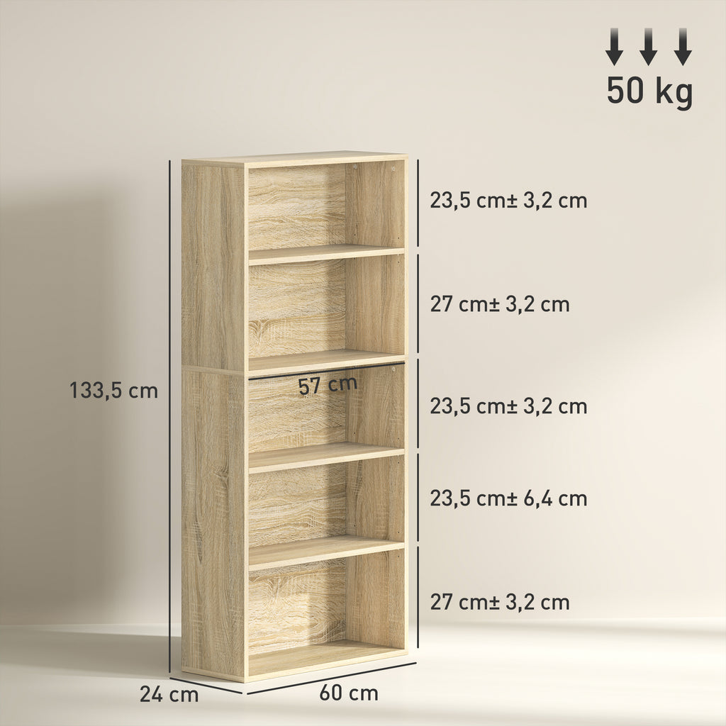 Bibliothèque étagère de rangement 5 niveaux avec étagères réglables pour salon, chambre, bureau, 60x24x133,5cm, naturel-2