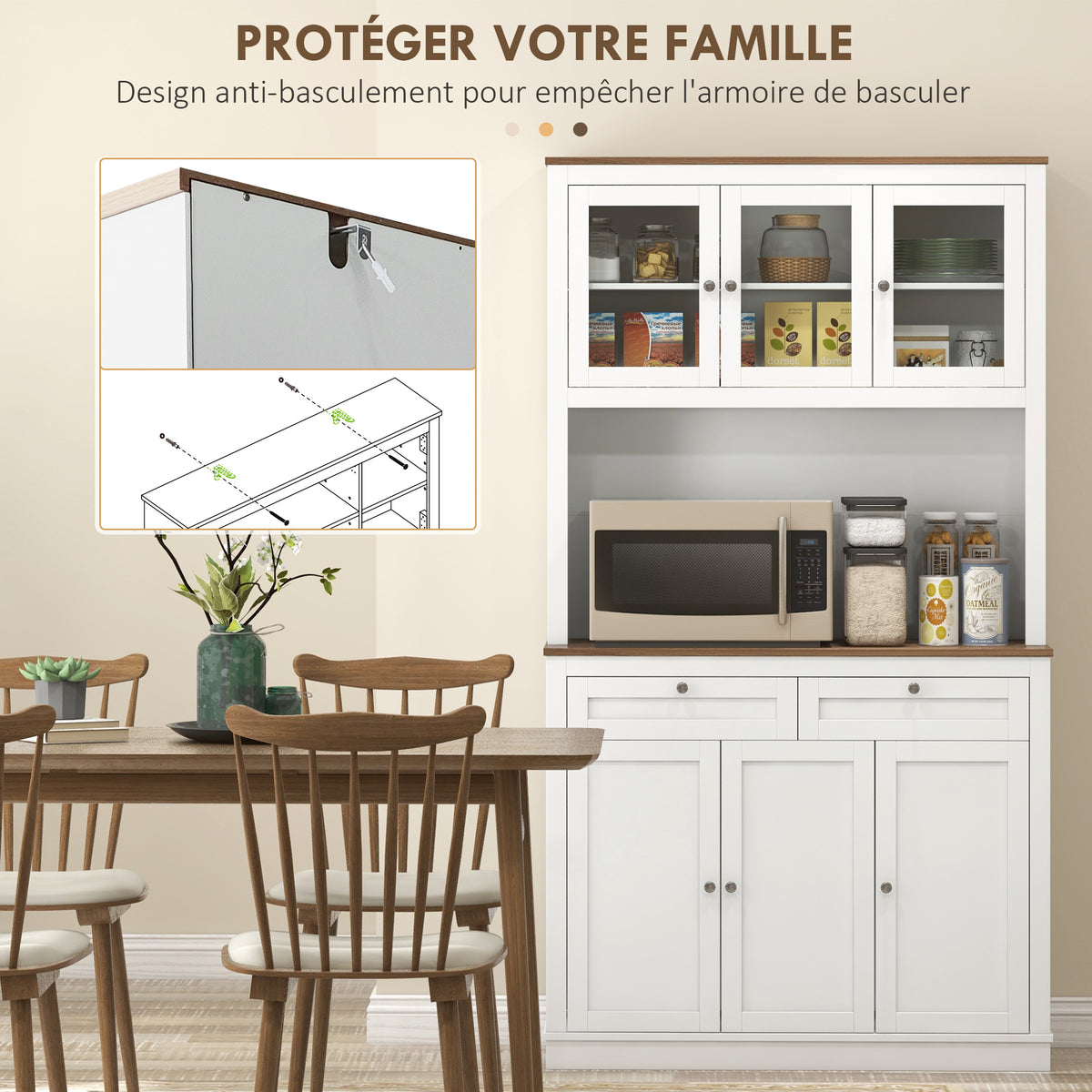 Buffet haut cuisine, armoire de cuisine, 6 portes, 2 tiroirs, plan de travail, étagères réglables, 100x40x180cm, blanc-5