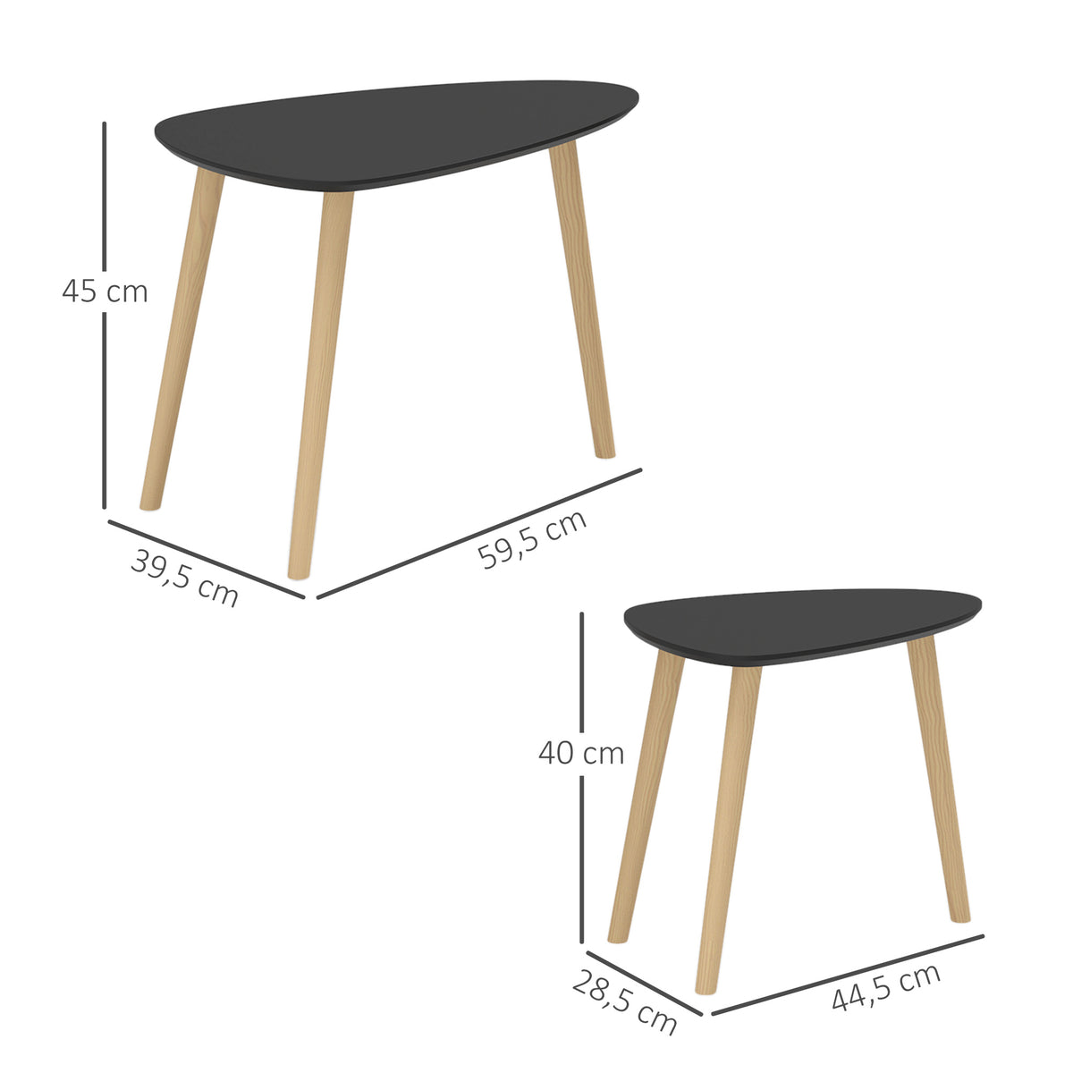 Lot de 2 tables basses gigognes design scandinave pieds en bois et plateau en bois, noir-2