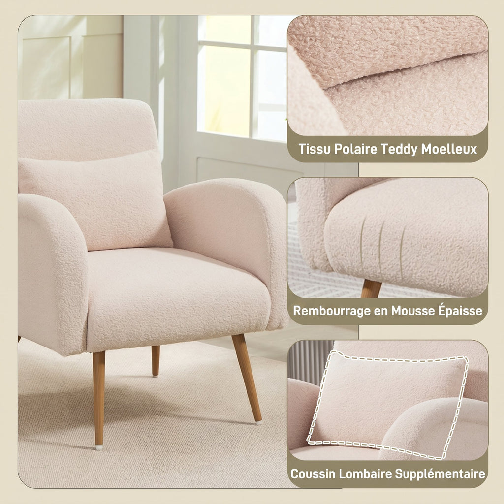 Fauteuil de salon en tissu Teddy, chaise rembourrée, assise large, coussin lombaire, pieds en métal effet bois, beige-3