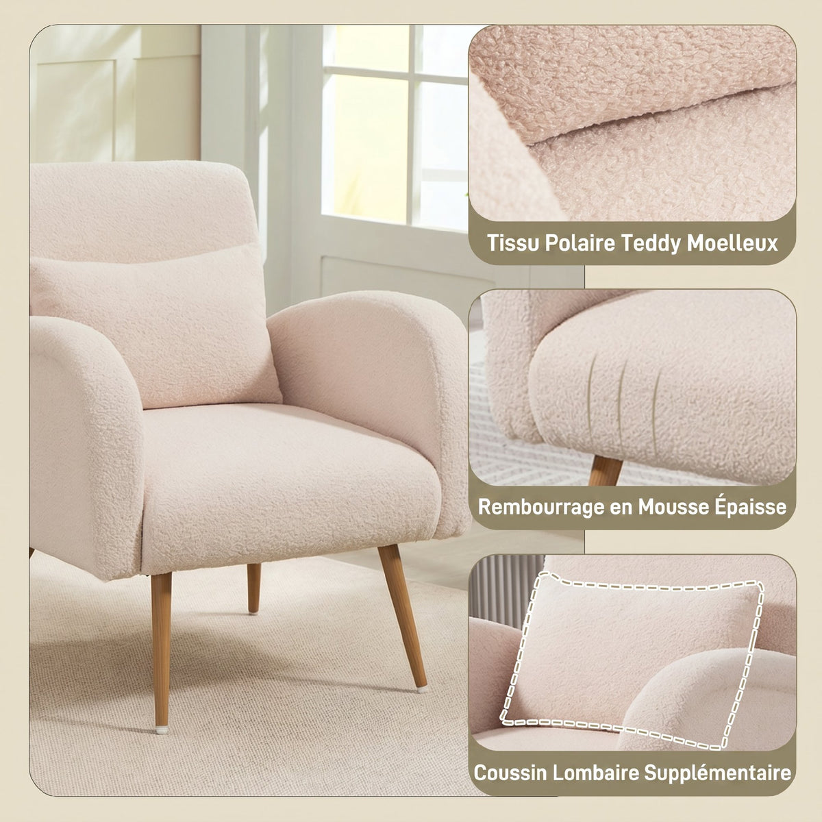 Fauteuil de salon en tissu Teddy, chaise rembourrée, assise large, coussin lombaire, pieds en métal effet bois, beige-3