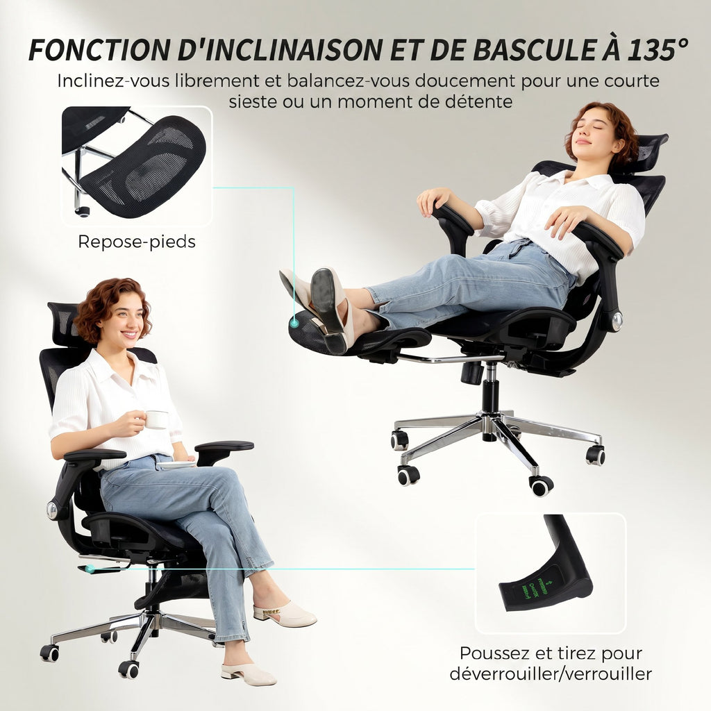 Chaise Bureau Ergonomique avec Accoudoirs 4D Appui-Tête et Profondeur d'Assise Réglables Maille Noir-7
