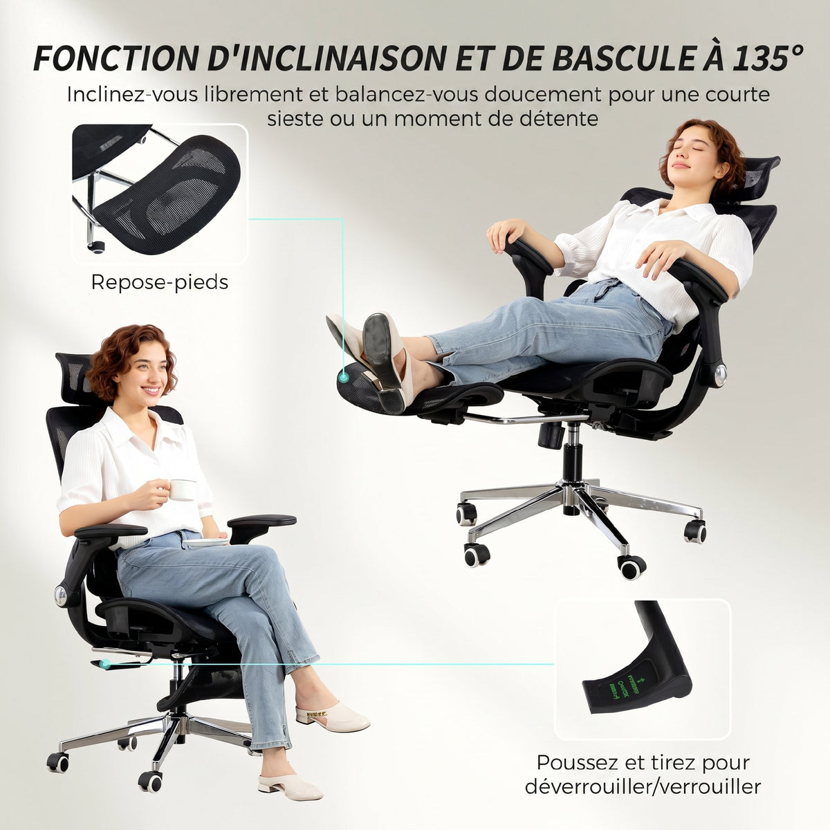 Chaise Bureau Ergonomique avec Accoudoirs 4D Appui-Tête et Profondeur d'Assise Réglables Maille Noir-7