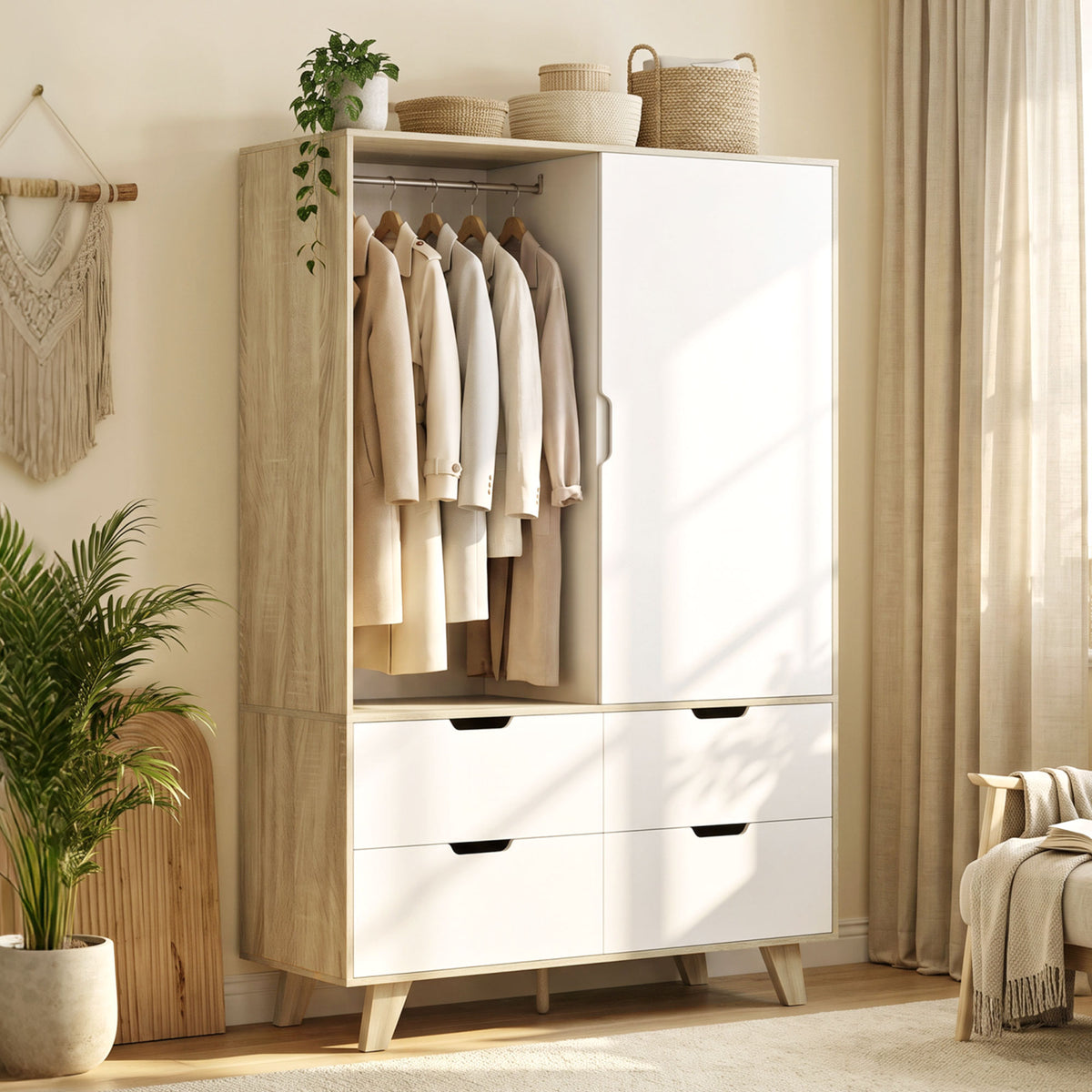 Armoire Chambre Penderie, 2 Portes Coulissantes, 4 Tiroirs, Barre de Suspension, Étagères Réglables, Chêne et Blanc-9