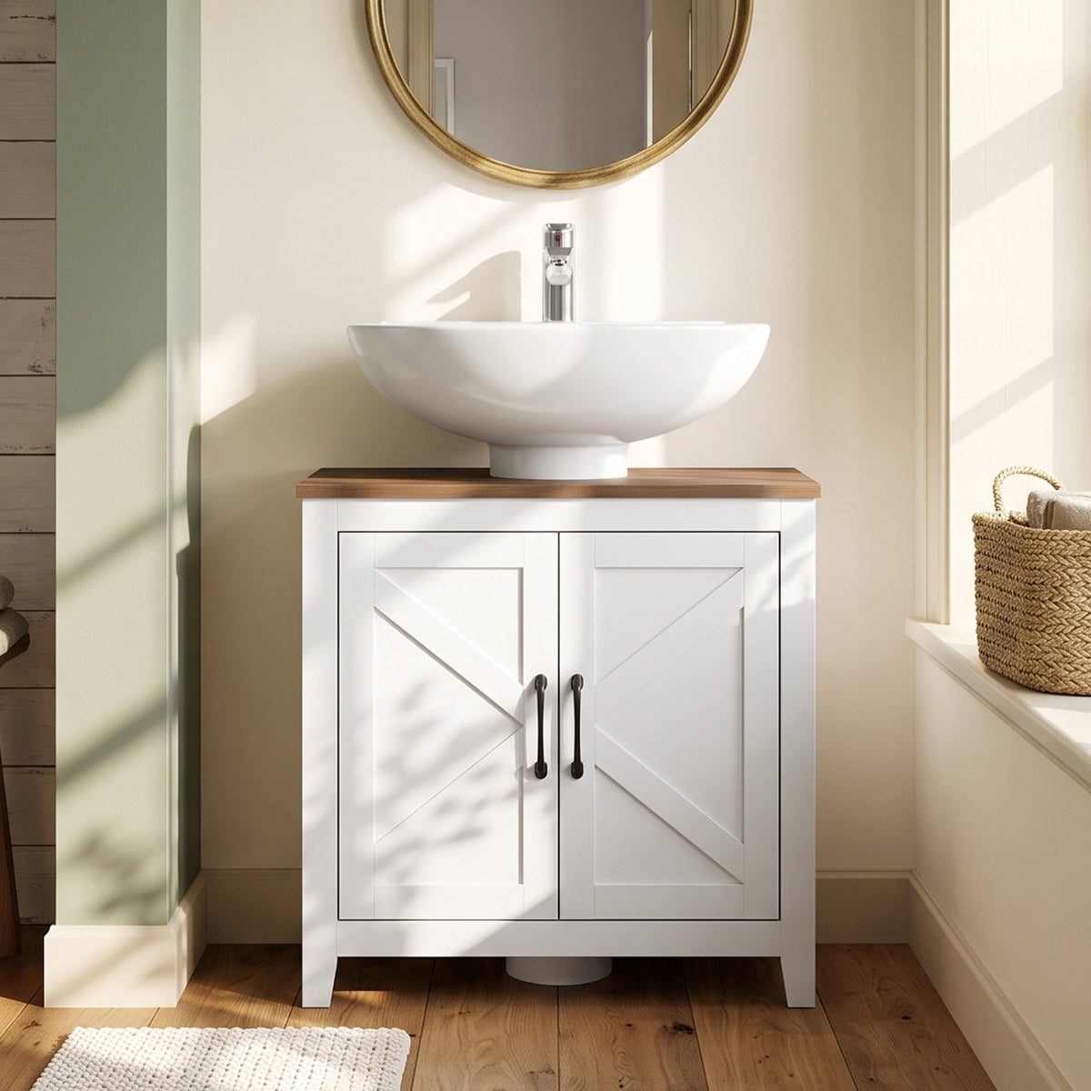 Meuble sous lavabo, meuble de salle de bain moderne avec 2 portes de grange et étagère réglable, blanc-9
