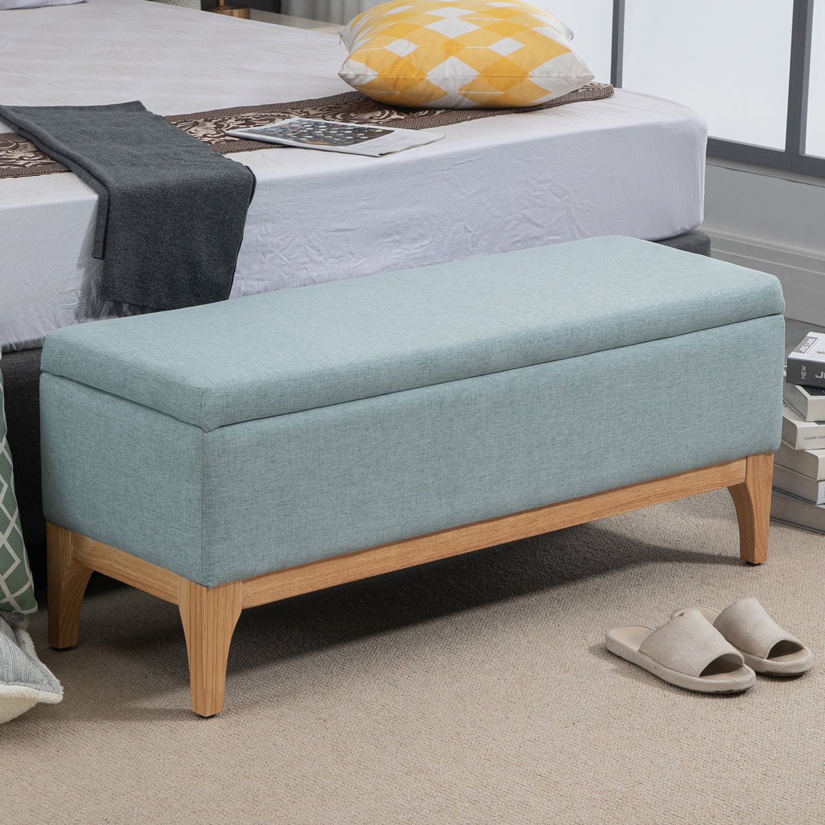 Banc de rangement, coffre de rangement avec couvercle amovible style scandinave, bout de lit en tissu lin, 110 x 39 x 45 cm, vert clair-7