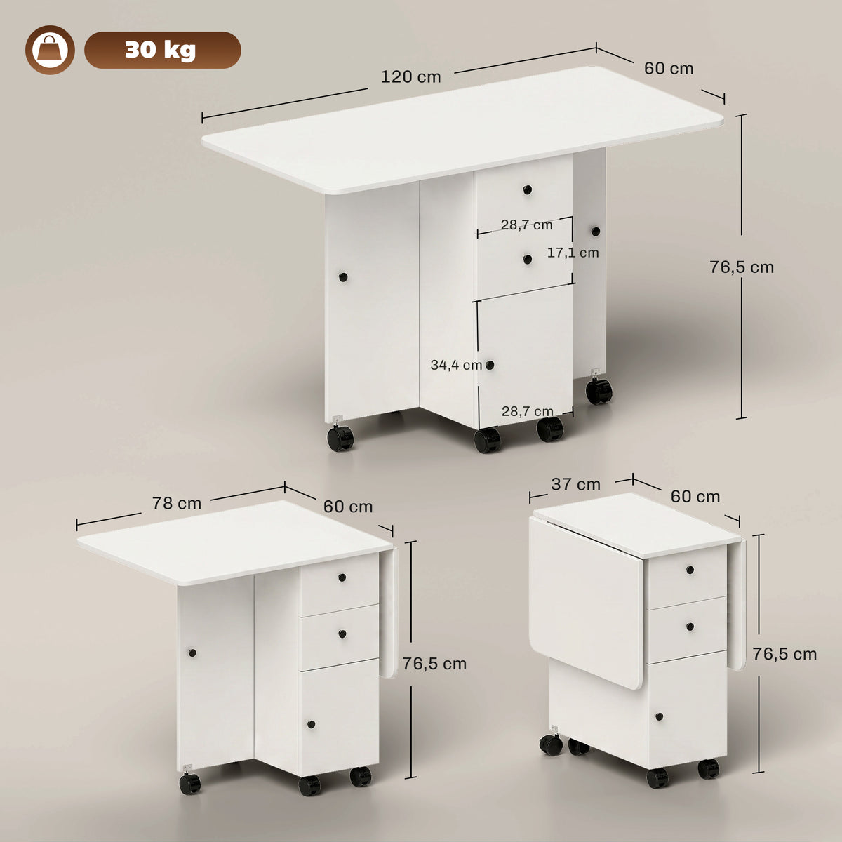 Table de cuisine pliable table à manger pliante 2 plateaux rabattables avec 2 tiroirs 1 placard blanc-2
