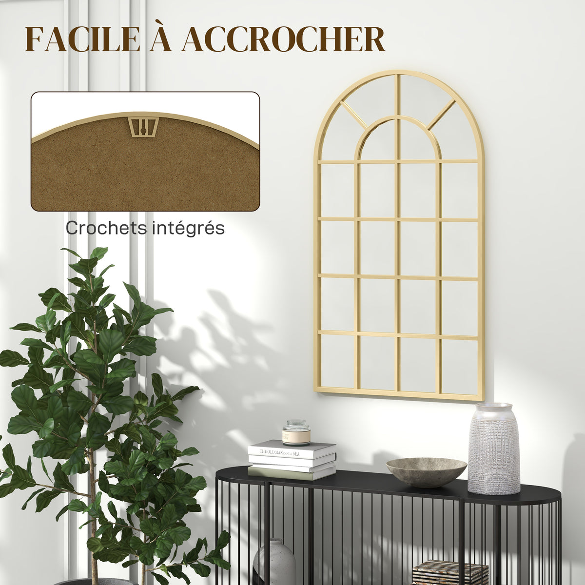 Miroir verrière arche style industriel fenêtre arcade métal 110 x 65 cm doré-5