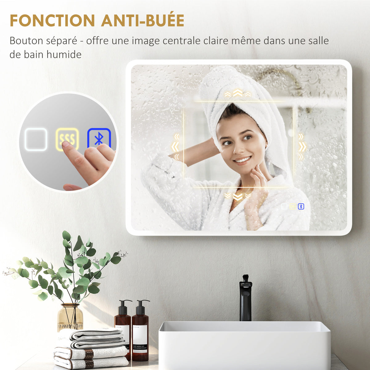 Miroir salle de bain LED bluetooth 70 x 90 cm interrupteur tactile lumière réglable 3 couleurs anti-buée mémoire argent-6