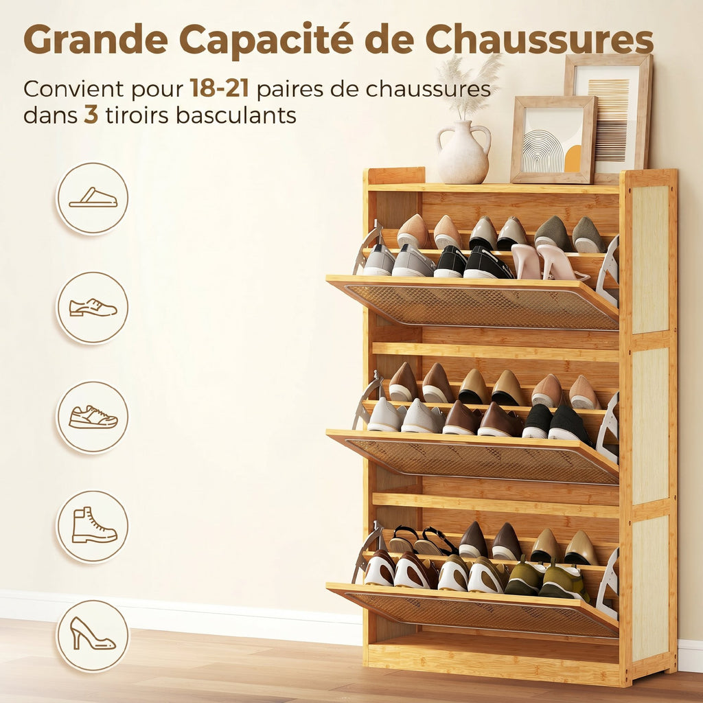 Meuble à chaussures 14 paires, armoire à chaussures 3 tiroirs rabattables, étagères réglables 69x29x119,8cm bois naturel-4