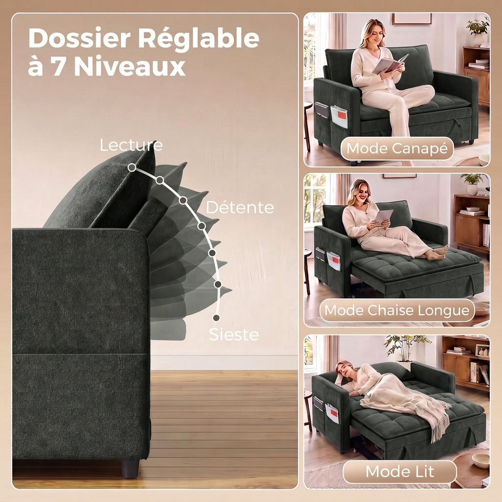 Canapé Convertible 2 Places, Canapé-Lit Clic-Clac 130 cm, Dossier Réglable, Poches Latérales, Gris Foncé-4