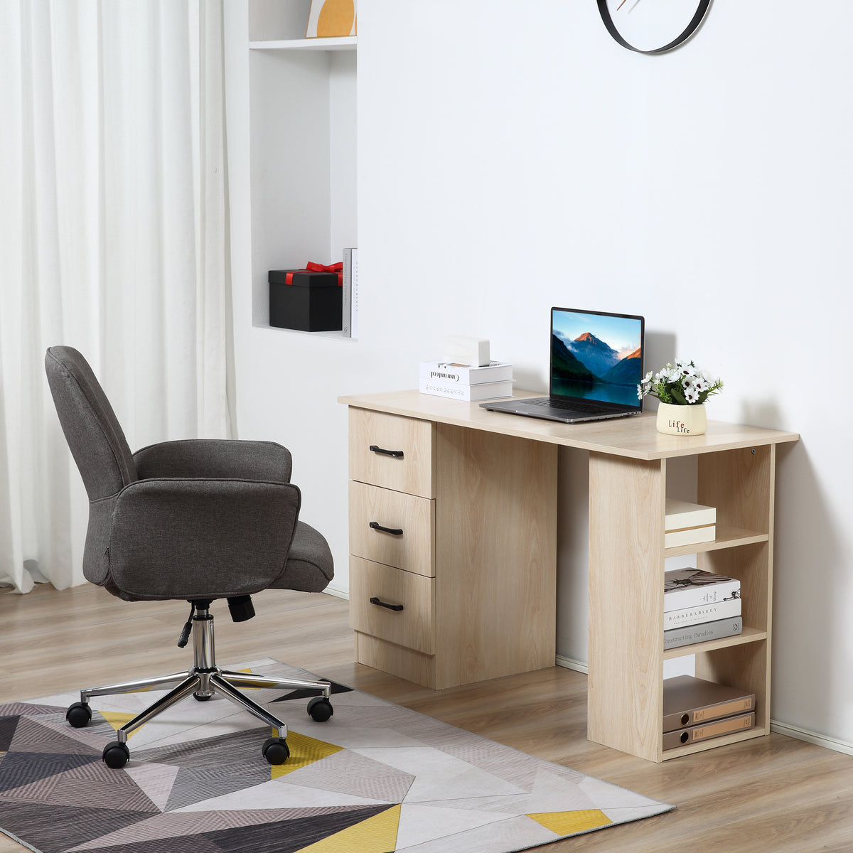 Bureau 120 x 50 cm avec étagères et tiroirs, pour petit espace, bureau à domicile, chambre à coucher, couleur bois-5