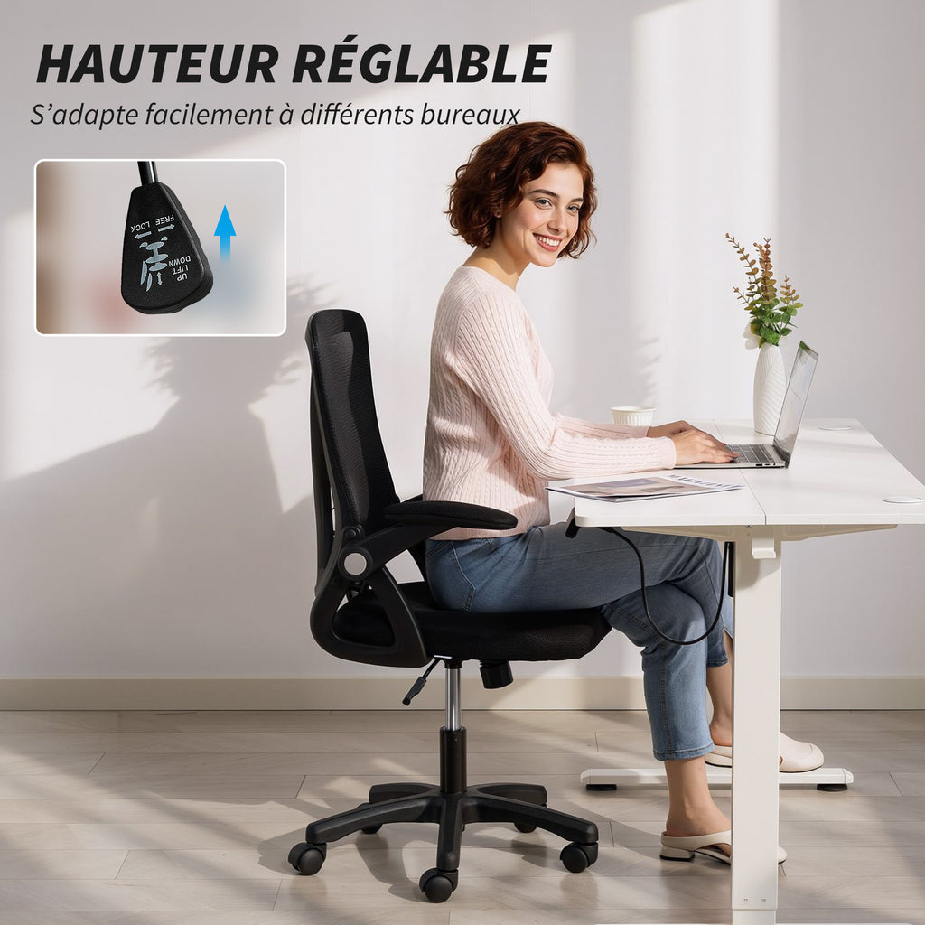 Chaise bureau ergonomique, fauteuil de bureau en maille, accoudoirs relevables, hauteur réglable, 59,5x56x103cm, noir-5