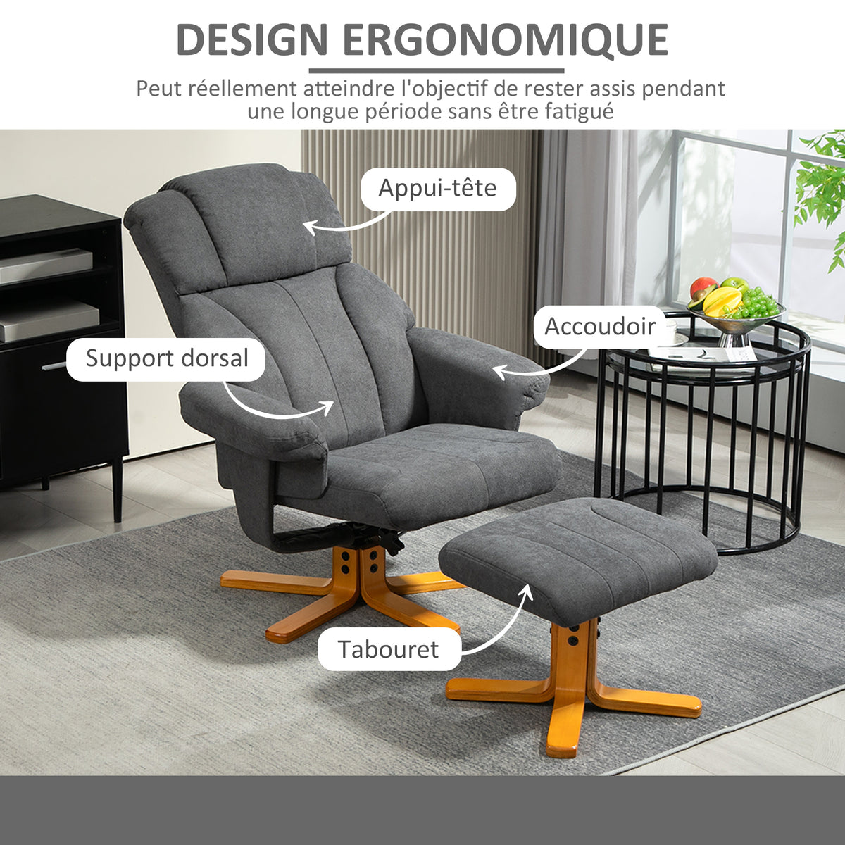 Fauteuil relax avec repose-pied, fauteuil de relaxation, dossier inclinable, assise rembourrée, 79x80x104cm, gris foncé-4