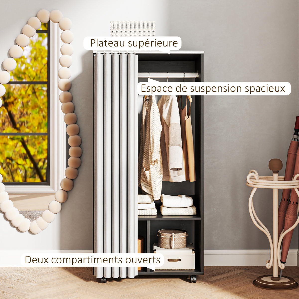 Armoire penderie Armoire de Rangement Mobile avec rideau, Panneaux de Particules, tringle de suspension, noir-3