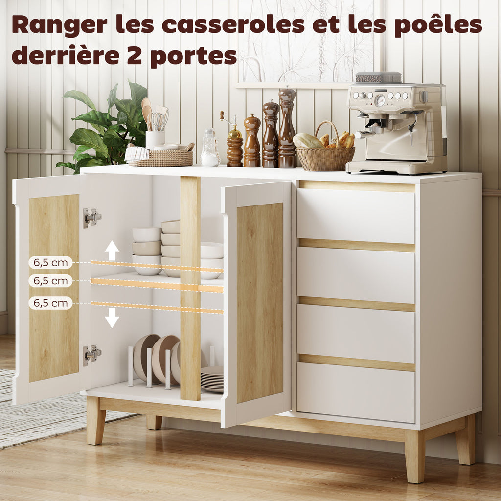 Buffet, meuble de rangement avec 2 portes et 4 tiroirs, étagère réglable, 120 x 40 x 86 cm, blanc et chêne-3