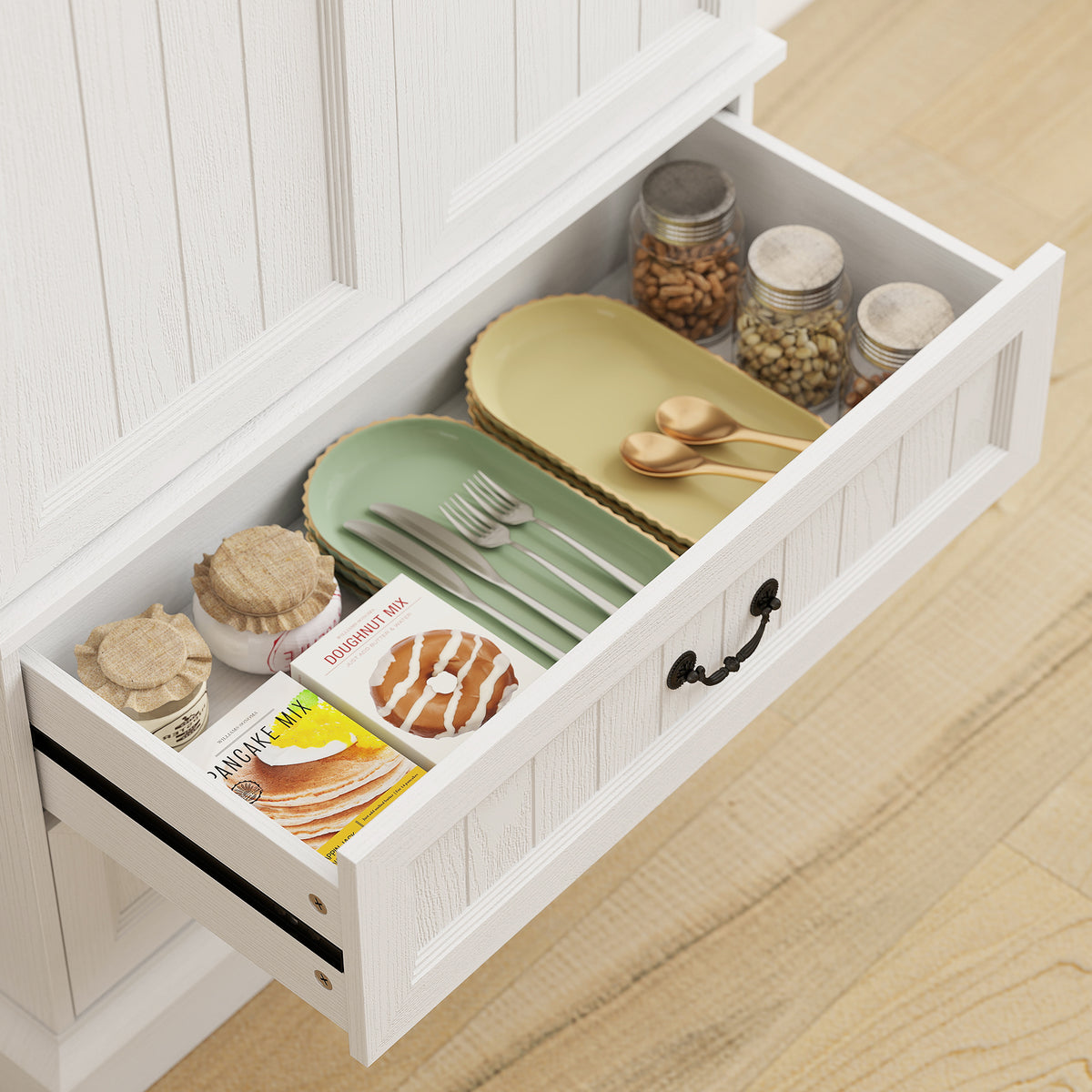 Buffet haut cuisine, armoire de cuisine, LED à capteur, 2 portes, tiroirs et étagères réglables, 76x39,5x183cm, blanc-8