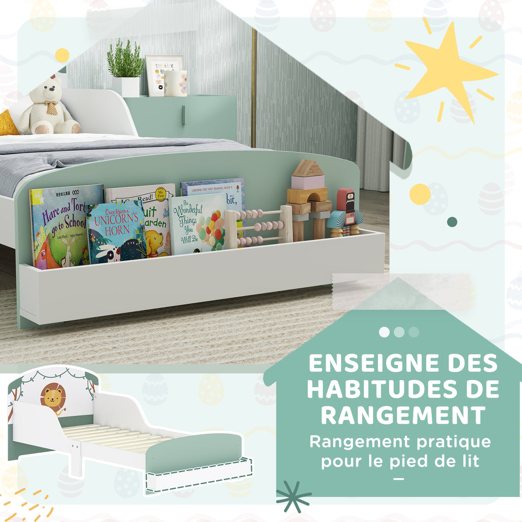 Lit enfant 70 x 140 cm, lit pour enfant avec barriere de securite et sommier à lattes, espace de rangement, vert-5