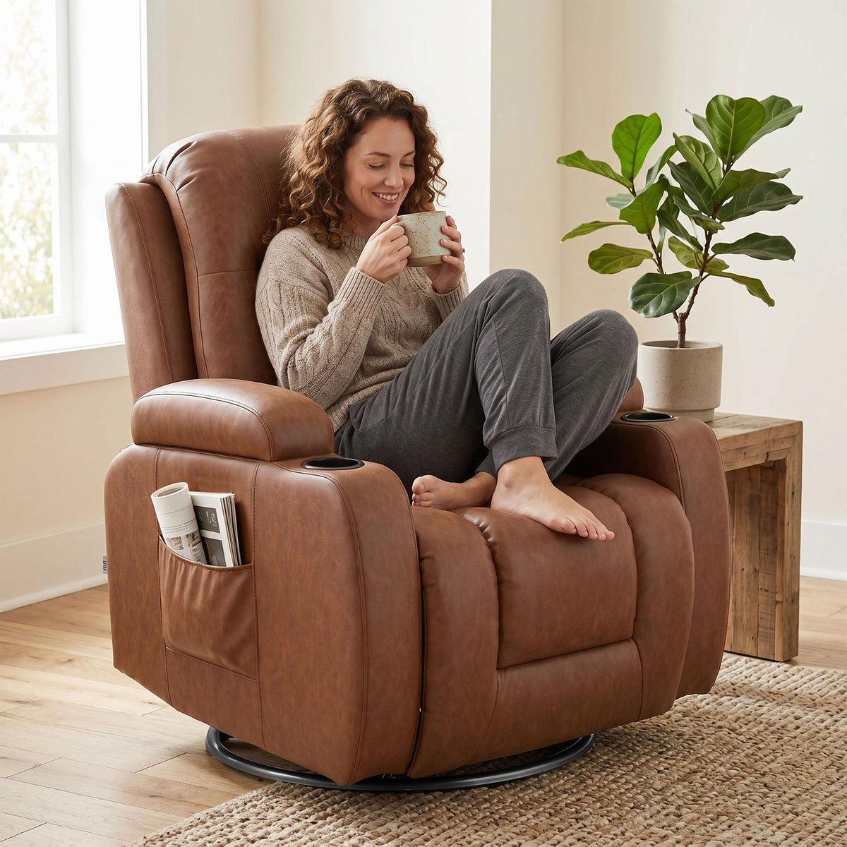 Fauteuil Inclinable de Massage et Chauffage, Fauteuil de Relaxation, Dossier Réglable, Pivotant, 82x99x103cm, Marron-7