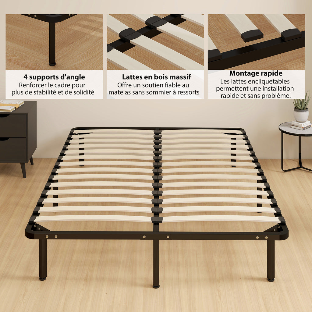 Cadre de lit 140 x 190 cm, lit 2 personnes en bois massif avec sommier à lattes et pied, rangement au-dessous, noir-5