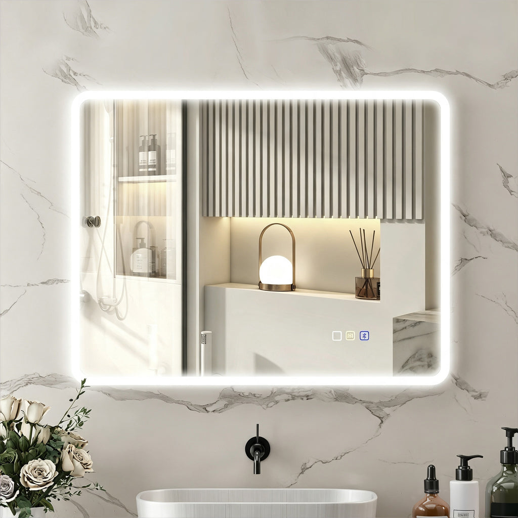 Miroir salle de bain LED bluetooth 70 x 90 cm interrupteur tactile lumière réglable 3 couleurs anti-buée mémoire argent-1