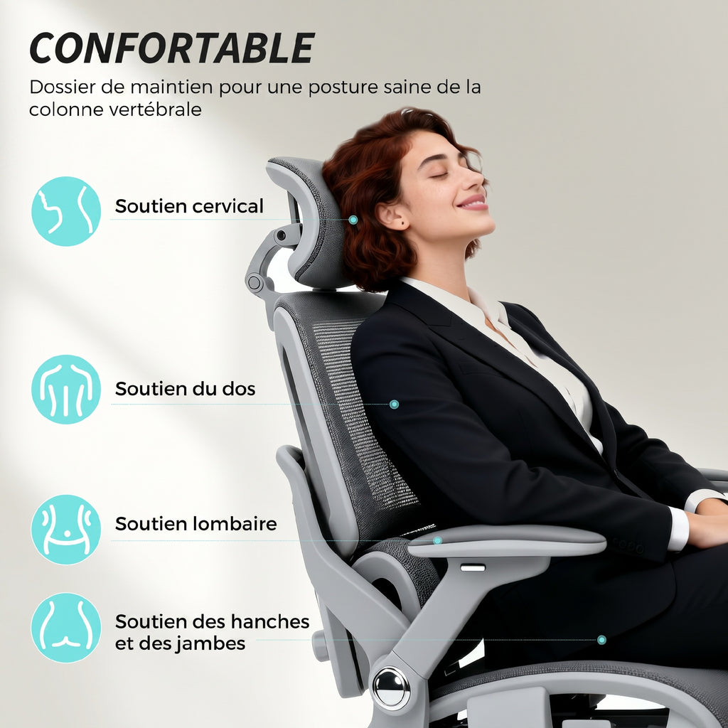 Chaise Bureau Ergonomique avec Accoudoirs 4D Appui-Tête et Profondeur d'Assise Réglables Maille Gris-3