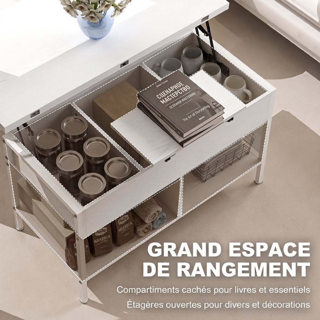 Table basse relevable et extensible, table de salon avec compartiment caché étagères ouvertes, 98x49x55cm, blanc-4
