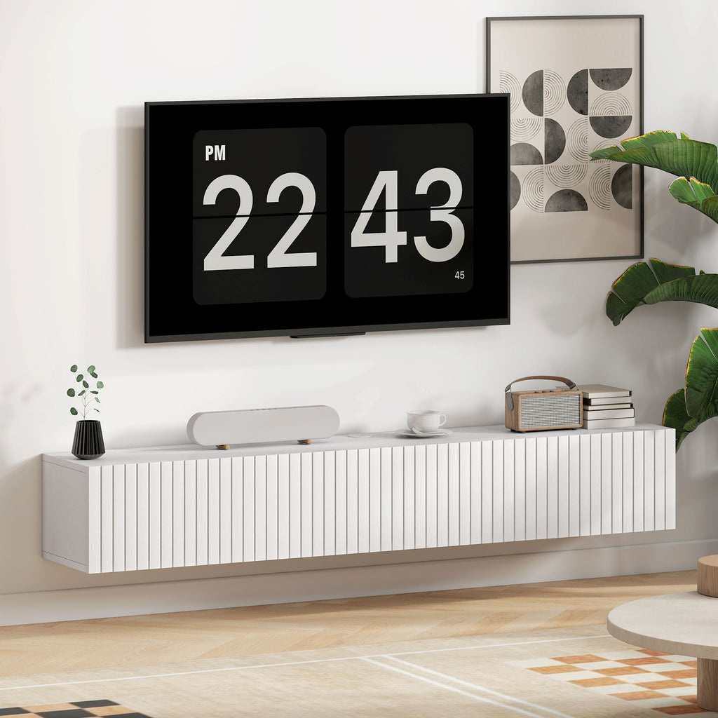 Meuble TV suspendu 140cm, meuble télé pour téléviseur 72 pouces, 2 portes rabattables, 140x25x22cm, blanc-8