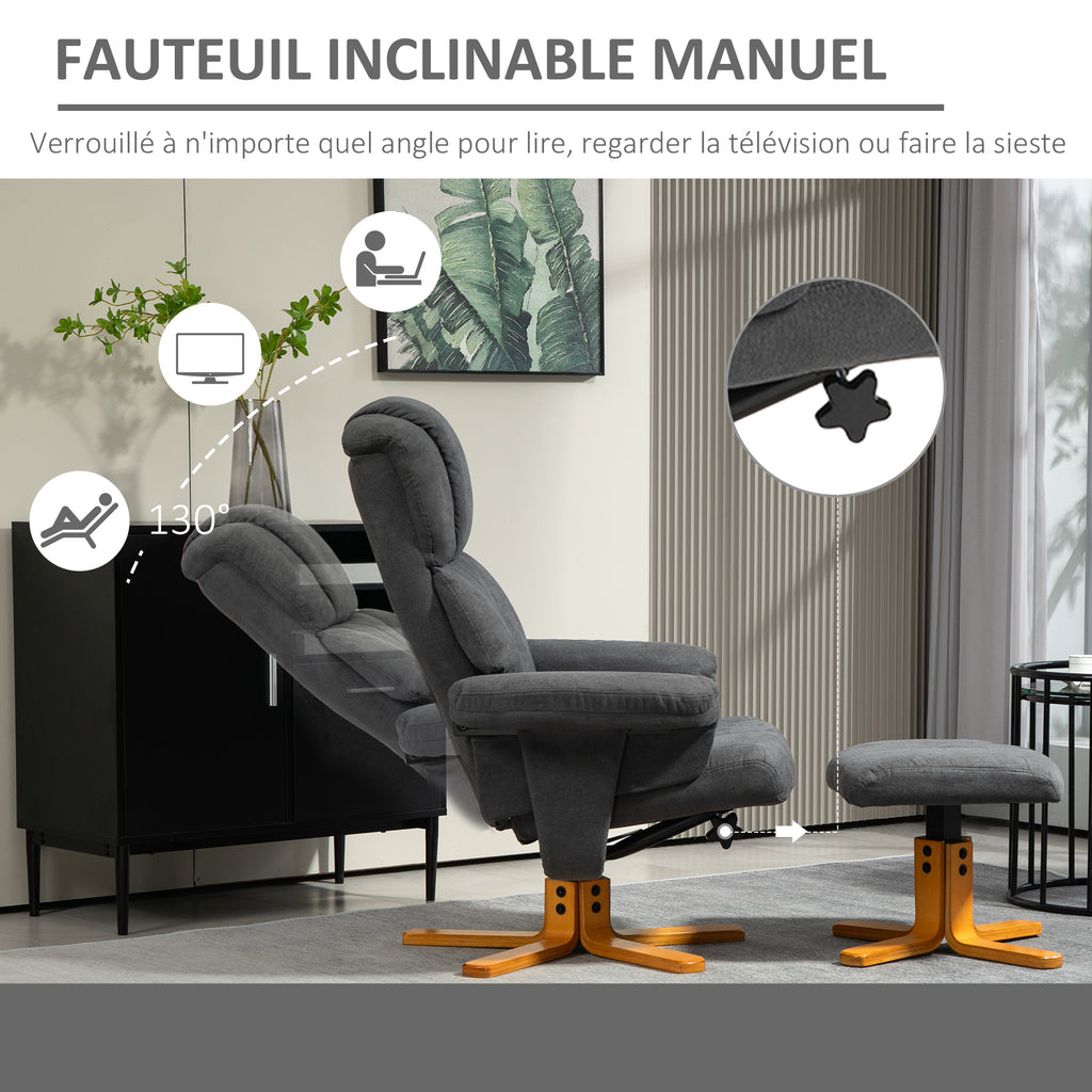 Fauteuil relax avec repose-pied, fauteuil de relaxation, dossier inclinable, assise rembourrée, 79x80x104cm, gris foncé-3