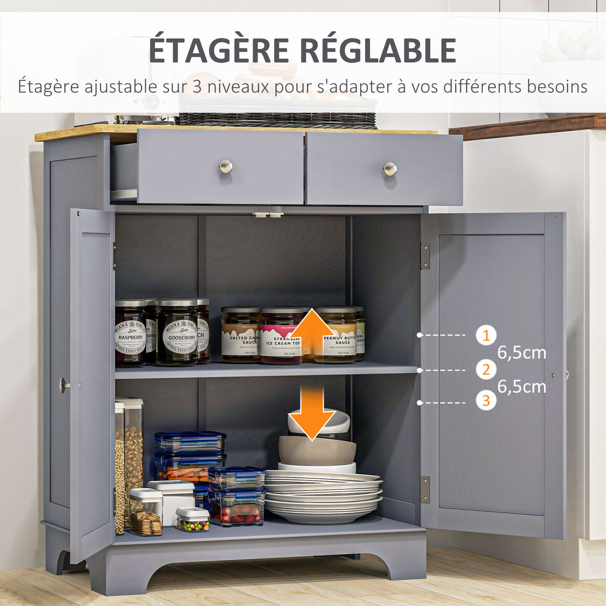 Meuble de rangement buffet salon avec placards, 2 tiroirs et étagères réglables, 68x40,3x85cm, gris et bois naturel-5