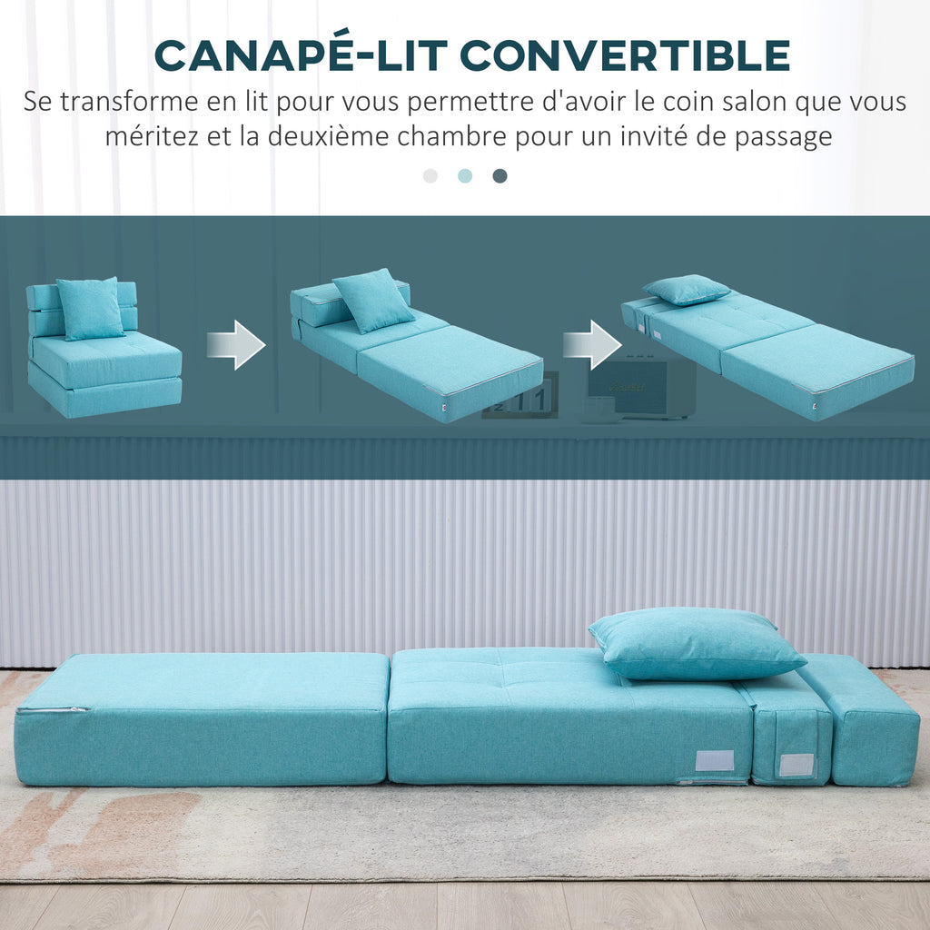 Chauffeuse canapé-lit convertible fauteuil 1 place avec 1 coussin déhoussable, tissu bleu-3