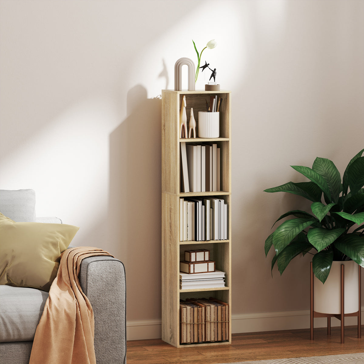 Bibliothèque étagère de rangement 5 niveaux avec étagères réglables pour salon, chambre, bureau, 30x24x133,5cm, naturel-1