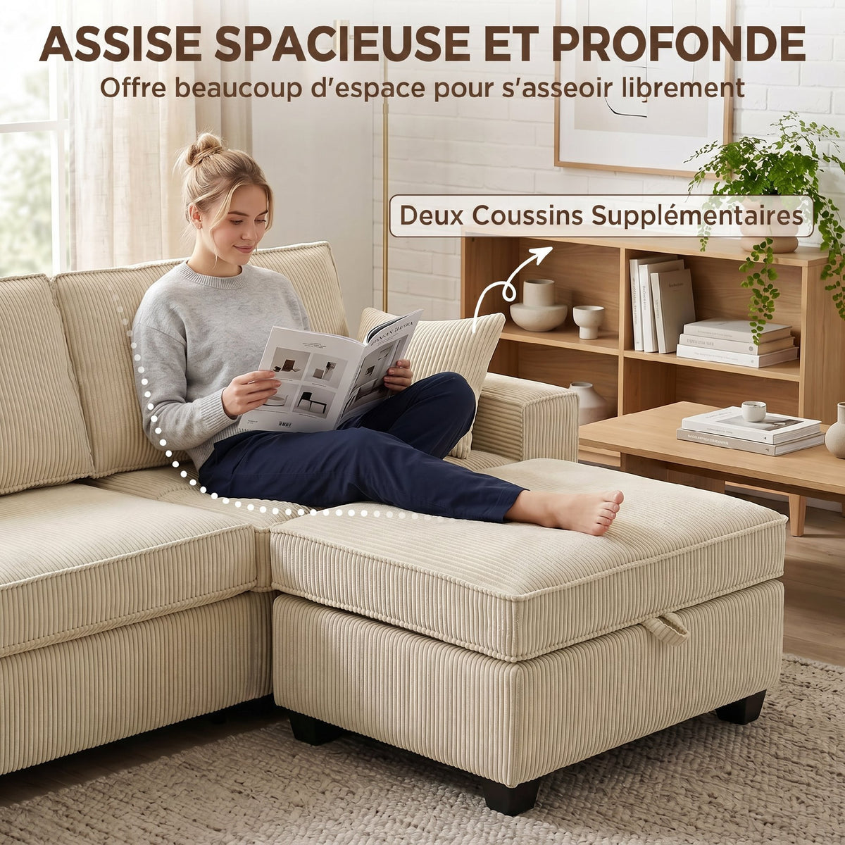 Canapé 3 Places avec Pouf de Rangement, Canapé d'Angle en Velours Côtelé, Assise Large, 2 Coussins, Beige-5