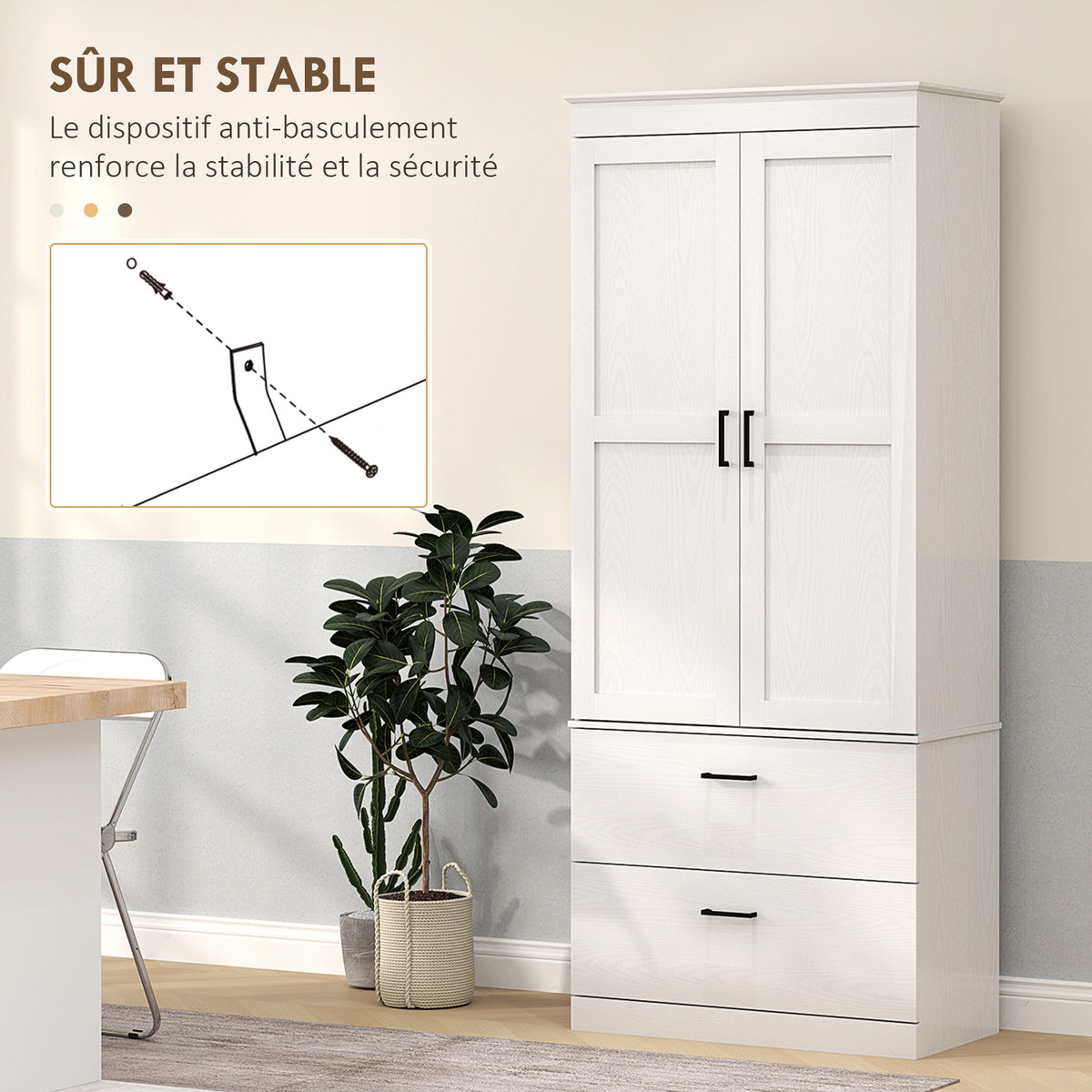 Armoire de cuisine buffet cuisine vaisselier meuble de rangement avec placard, 2 tiroirs et étagères réglables, crème-6