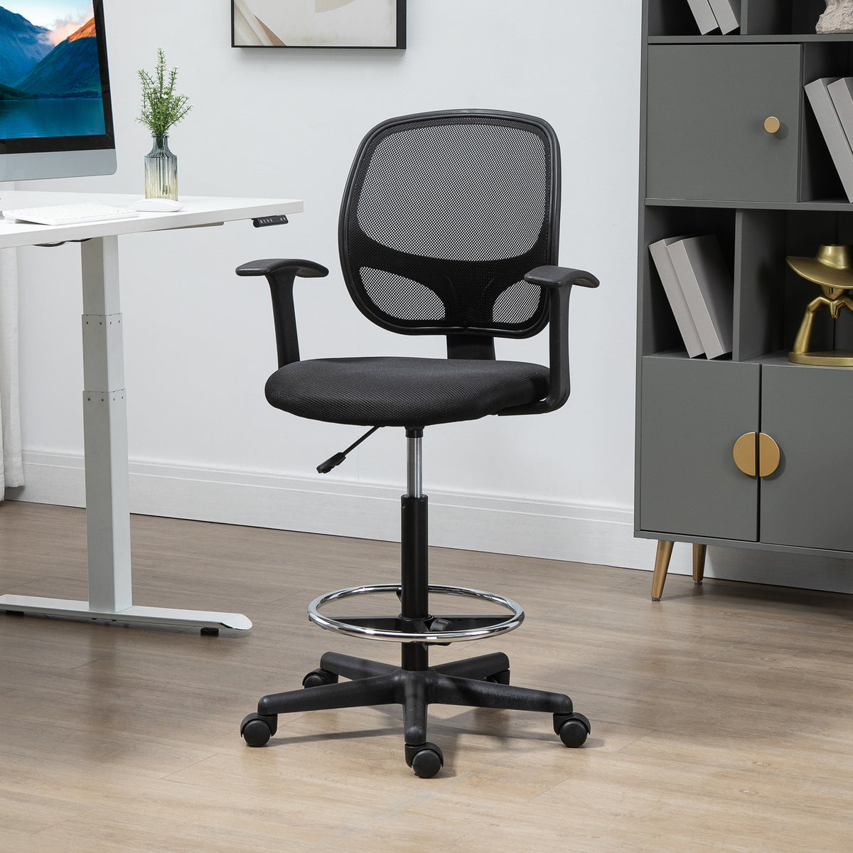 Chaise bureau ergonomique, chaise de dessin, repose-pieds, dossier en maille, hauteur réglable, 64x57x110-132cm, noir-9