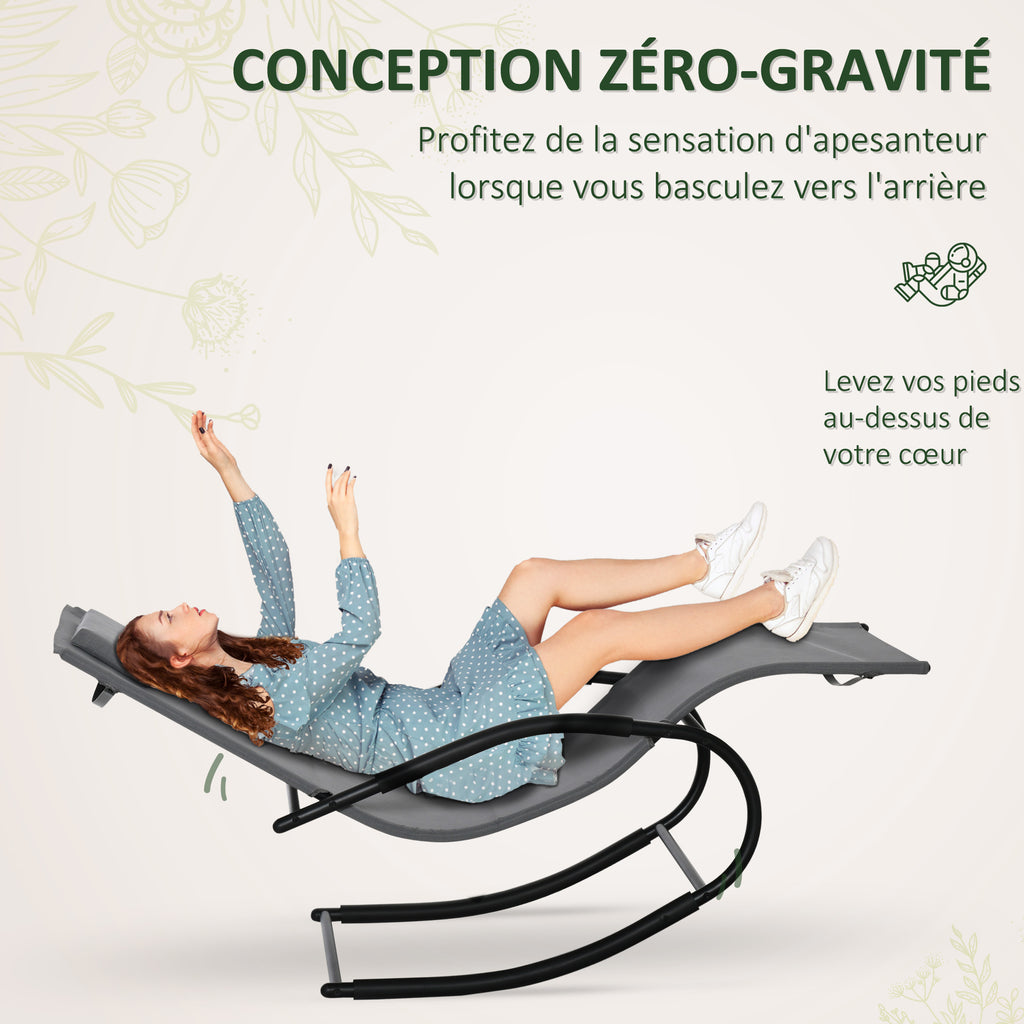 Chaise longue à bascule rocking chair ergonomique avec tétière accoudoirs métal galvanisé textilène Gris-4