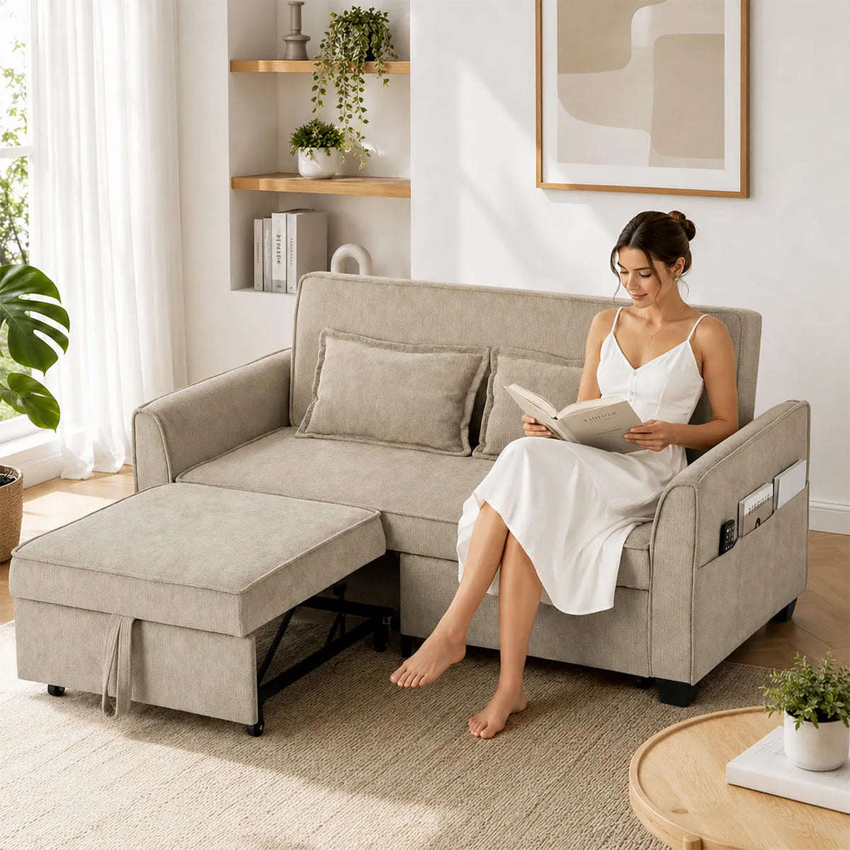 Canapé Convertible 2 Places 4 en 1, Canapé-Lit d'Angle en Chenille 167cm, Dossier Réglable, Assise Large, Marron-9